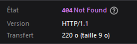 État HTTP 404 Not Found, Version HTTP/1.1, Transfert 220 octets (taille 9 octets).