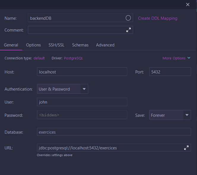 Paramètres de connexion à une base de données PostgreSQL, incluant le nom, l'hôte, le port, l'authentification, l'utilisateur et le mot de passe.