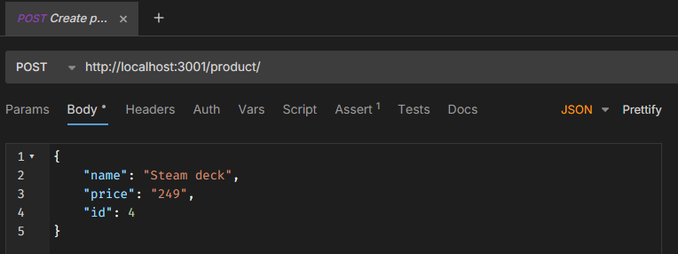 Code JSON pour créer un produit, avec le nom "Steam deck", le prix de "249" et l'identifiant "4".