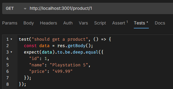 Code de test pour une API, vérifiant les détails d'un produit (Playstation 5, prix 499,99).