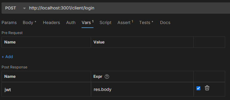 Interface d'une application de test API montrant la configuration des variables pour une requête POST.