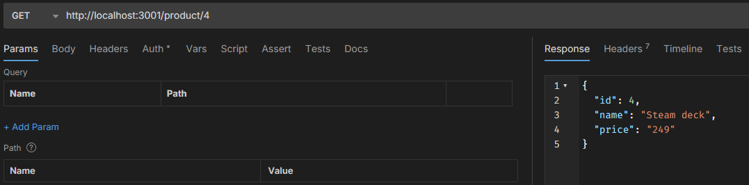 Réponse d'une API pour un produit : ID 4, nom "Steam deck", prix "249".