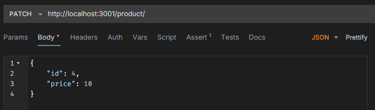 Code JSON montrant une requête PATCH avec un identifiant de produit et un prix.