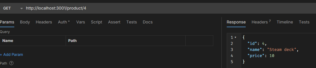 Réponse d'une API montrant un produit avec l'ID 4, le nom "Steam deck" et le prix de 10.