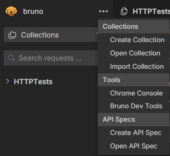 Interface utilisateur d'une application avec un menu déroulant contenant des options comme "Collections", "Tools" et "API Specs".