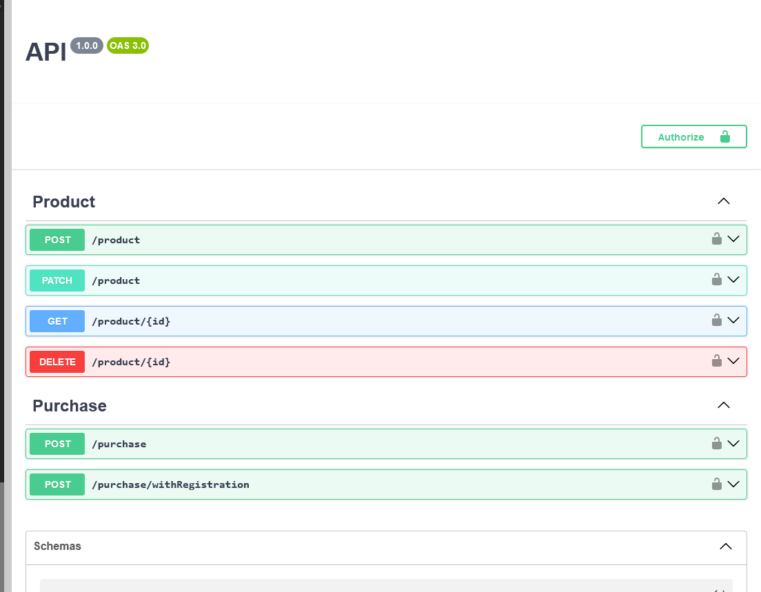 Interface de programmation d'application (API) avec des méthodes pour gérer des produits et des achats.