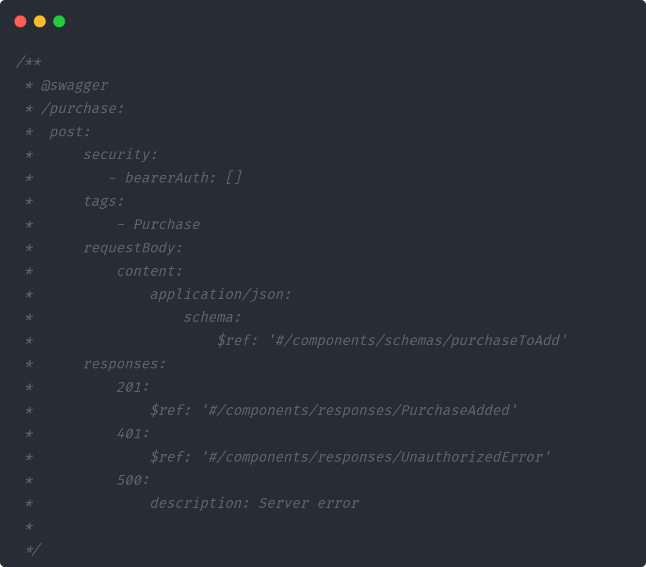 Code de documentation API Swagger pour une requête d'achat, incluant des détails sur l'authentification, les réponses possibles et le format du corps de la requête.