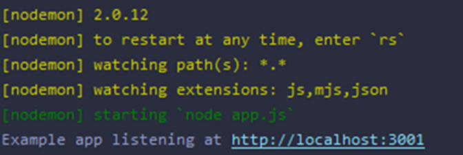 Texte de la console Nodemon indiquant le démarrage d'une application Node.js et son écoute à l'adresse http://localhost:3001.