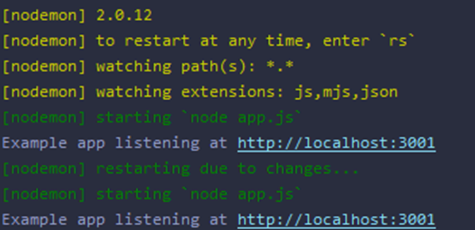 Texte affiché dans un terminal montrant des messages de nodemon pour une application Node.js, incluant des instructions et des statuts.