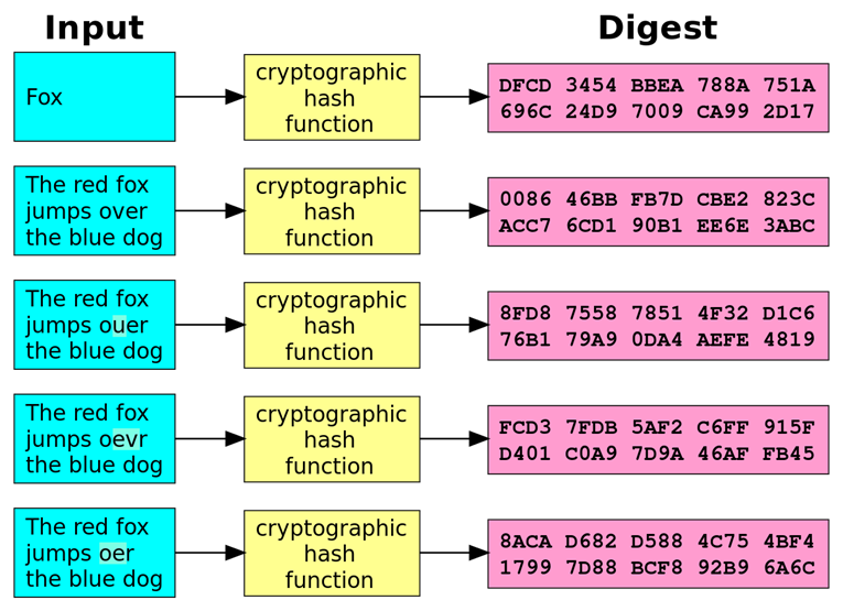 Image montrant des phrases en bleu sur un fond noir, suivies de fonctions de hachage cryptographiques indiquées dans des boîtes jaunes et roses.